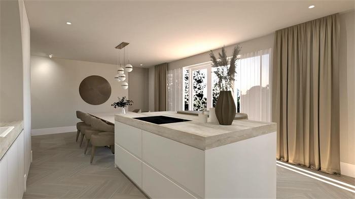 Ilha de cozinha e cortinados de linho – projeto Le Belvédère, La Ciotat