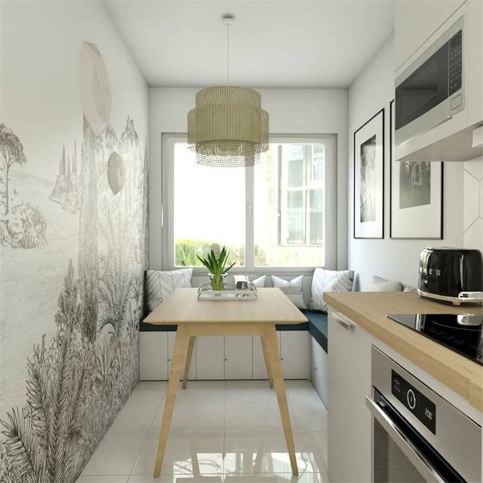 Cuisine et coin repas avec papier peint végétal – projet Cabanon, Sanary-sur-Mer