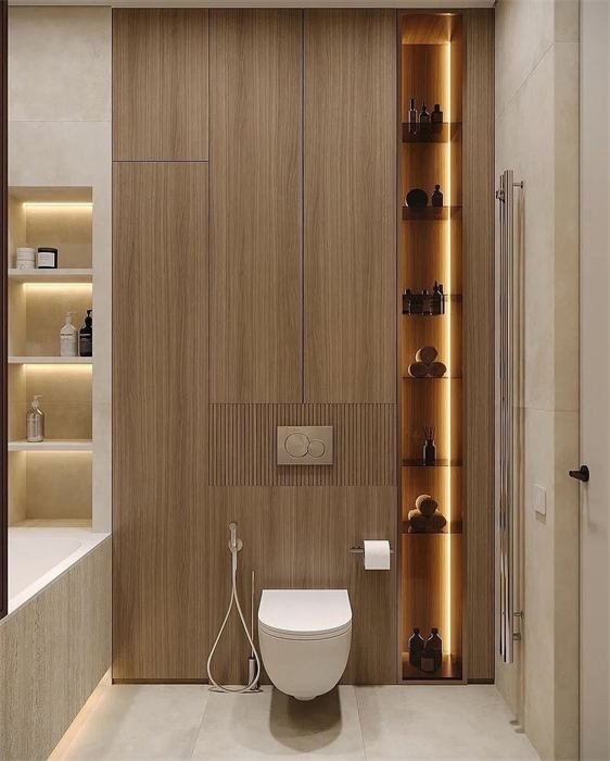 Niches éclairées et mur en bois – projet Corniche, Nice
