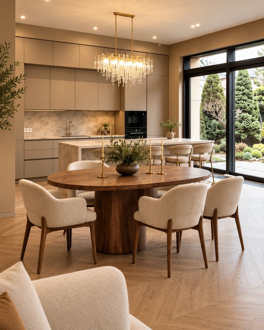 Sala de jantar em nogueira e cozinha aberta – projeto Le Domaine, Cassis