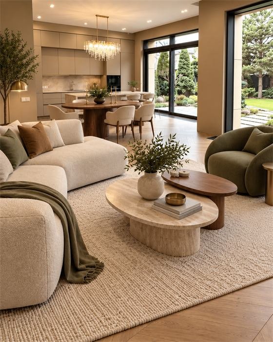 Sala mobilada com sofás curvos – projeto Le Domaine, Cassis