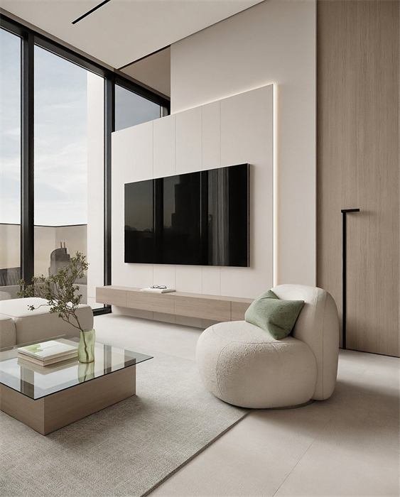 Sala com parede de televisão e cadeirão curvo – projeto Downtown, Dubai