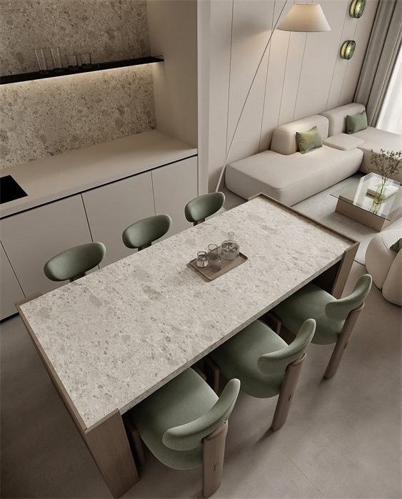 Mesa de jantar e cadeiras verde-salva – projeto Downtown, Dubai