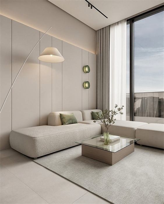 Sala com sofá modular creme – projeto Downtown, Dubai