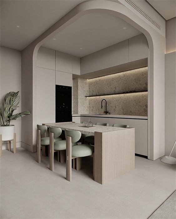 Cozinha sob um arco e mesa de madeira – projeto Downtown, Dubai