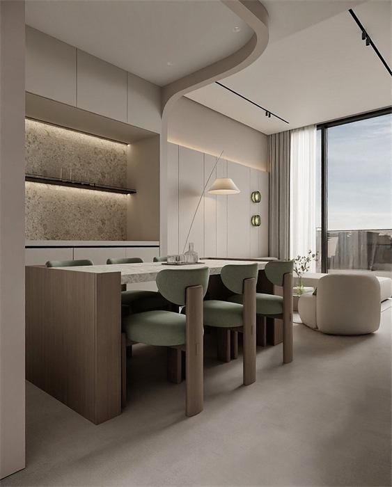Cozinha iluminada e sala de jantar – projeto Downtown, Dubai
