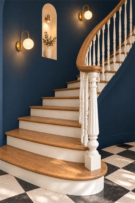 Détail des marches en bois et contremarches blanches – projet L'Escalier Bleu, Lisbonne