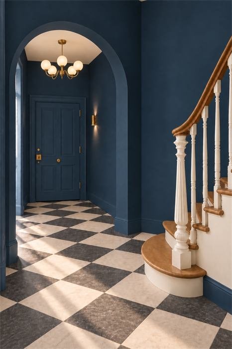 Couloir bleu nuit avec lustre et sol en damier – projet L'Escalier Bleu, Lisbonne