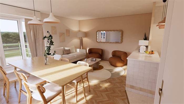 Salle à manger et séjour face aux baies vitrées – projet L'Horizon, Hyères
