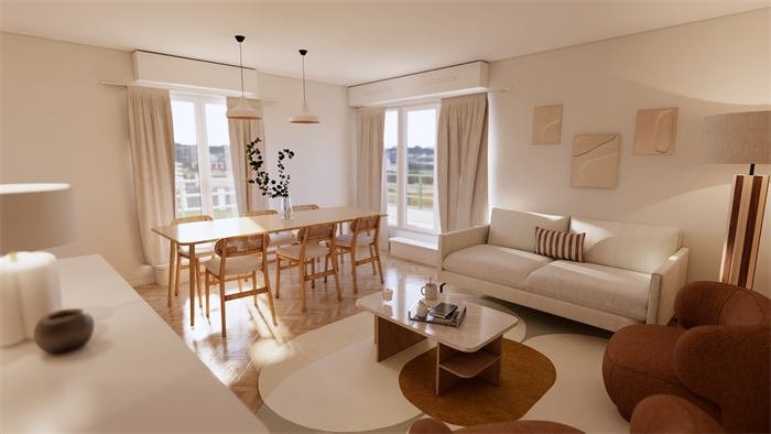Séjour avec canapé crème et table basse – projet L'Horizon, Hyères