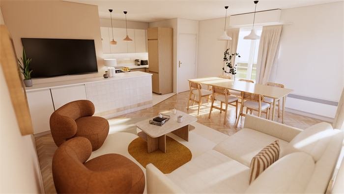 Séjour avec fauteuils terracotta et mur télé – projet L'Horizon, Hyères