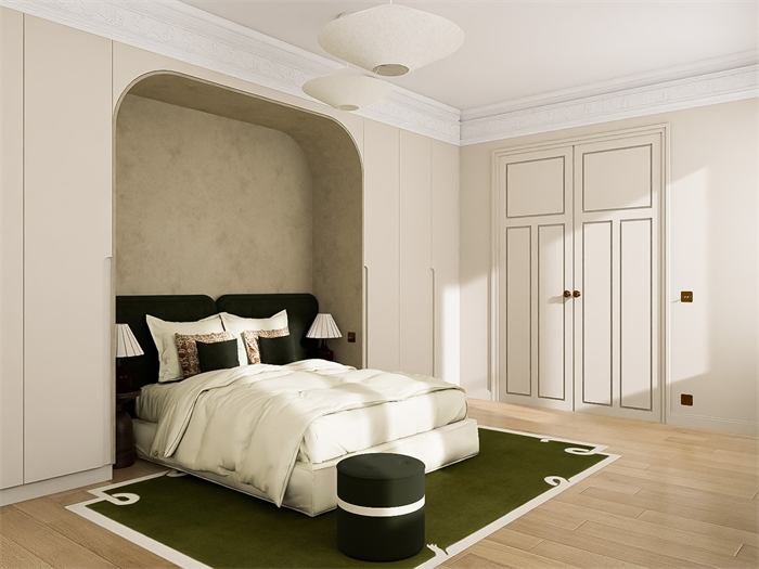 Chambre en alcôve avec tête de lit verte et tapis graphique – projet Le Jardin, Marseille