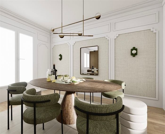 Salle à manger avec chaises vertes et moulures haussmanniennes – projet Le Jardin, Marseille