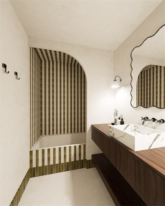Salle de bain avec miroir ondulé et niche à rayures – projet Le Jardin, Marseille