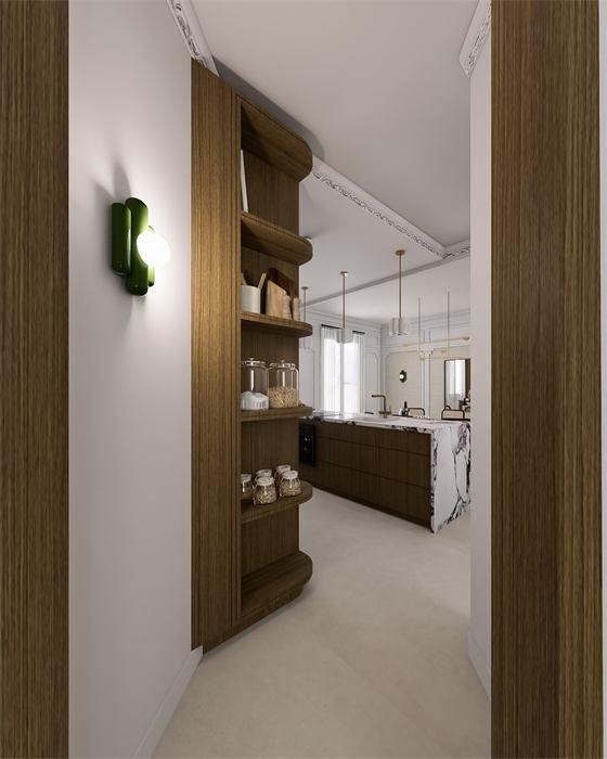 Couloir avec bibliothèque en bois et applique verte – projet Le Jardin, Marseille