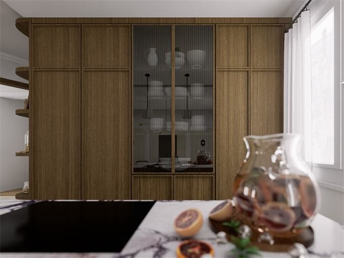 Rangements de cuisine en noyer et vitrine – projet Le Jardin, Marseille