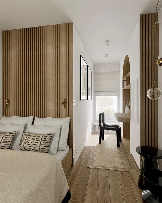 Chambre avec tête de lit en tasseaux de bois – projet Le Jardin, Marseille