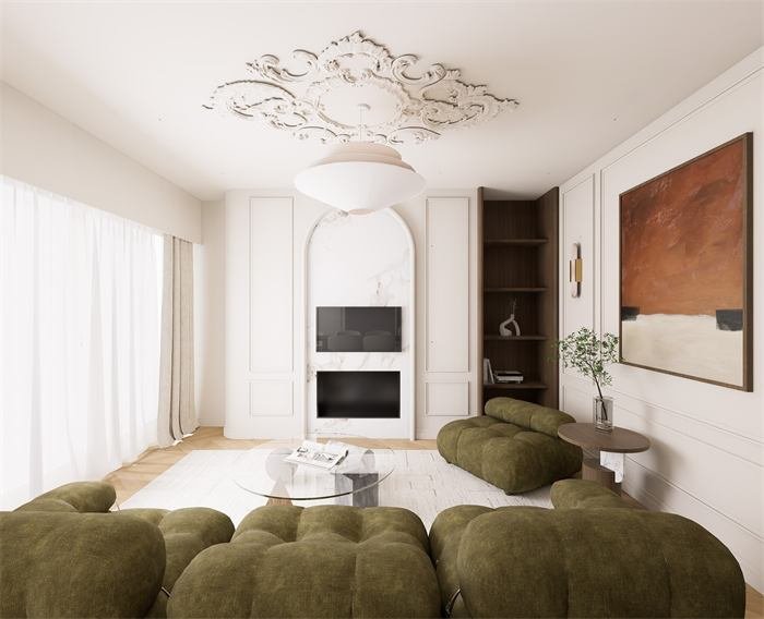 Séjour avec cheminée encastrée et moulures – projet Le Jasmin, Cannes