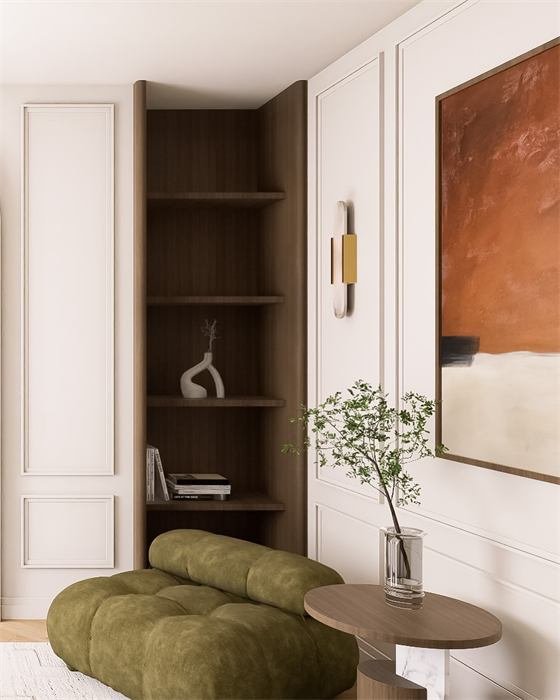 Bibliothèque en noyer et canapé vert – projet Le Jasmin, Cannes