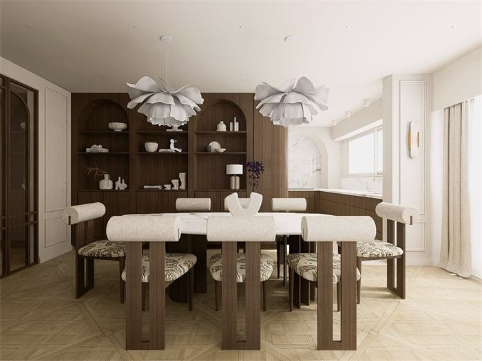 Salle à manger avec bibliothèque en arche et suspensions plissées – projet Le Jasmin, Cannes