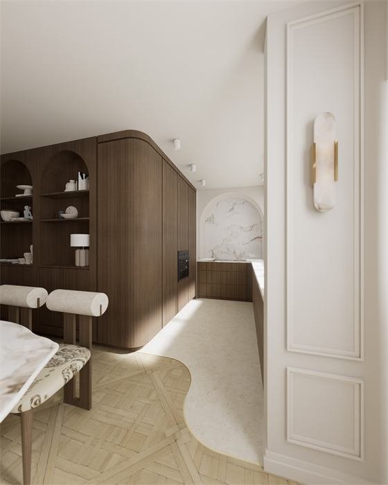 Meuble arrondi en noyer et applique laiton – projet Le Jasmin, Cannes