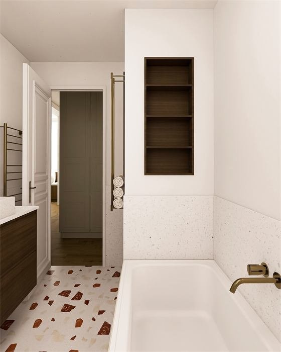 Salle de bain avec sol en terrazzo et baignoire – projet Le Jasmin, Cannes