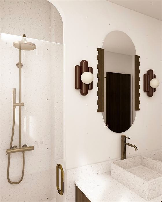 Douche avec robinetterie laiton et miroir arrondi – projet Le Jasmin, Cannes