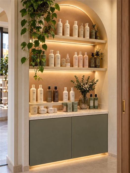 Niche en arche avec produits capillaires et plantes – projet Lagos, Algarve