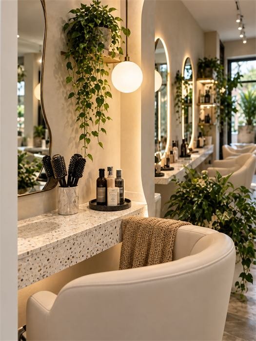 Poste de coiffage en terrazzo et plantes suspendues – projet Lagos, Algarve