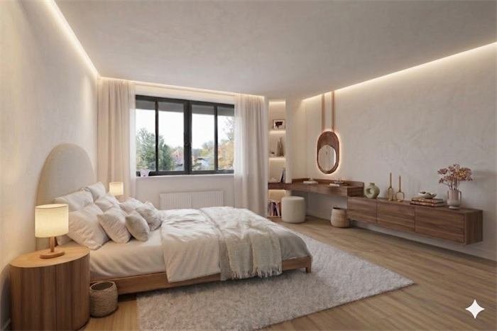 Quarto aconchegante com cabeceira arredondada – projeto Lavandin, La Seyne-sur-Mer