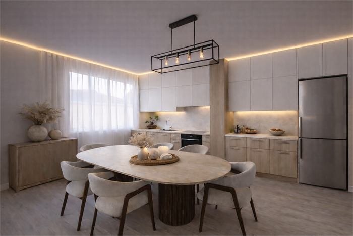 Cozinha aberta e mesa oval – projeto Lavandin, La Seyne-sur-Mer