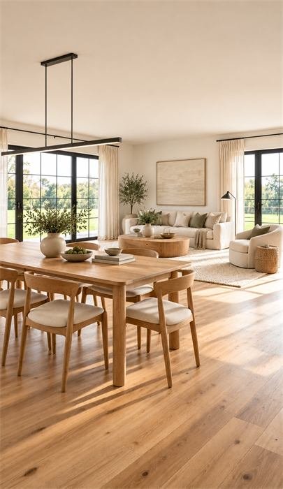 Sala de jantar em carvalho e sala de estar – projeto Les Pins, Saint-Cyr-sur-Mer
