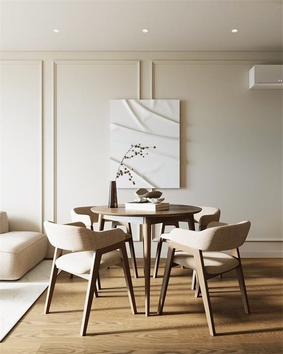 Salle à manger ronde et œuvre en relief – projet Levant, Sainte-Maxime