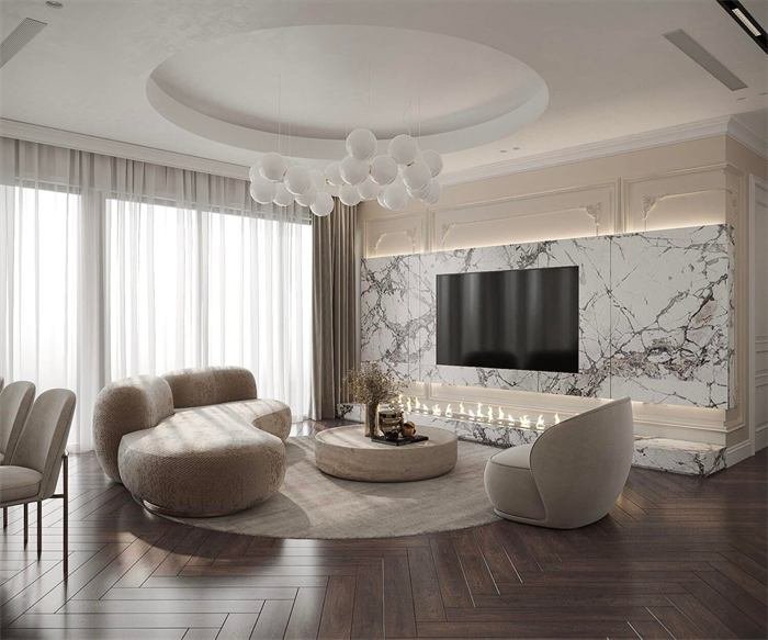 Séjour avec mur en marbre, cheminée et canapé arrondi – projet Marina, Dubaï