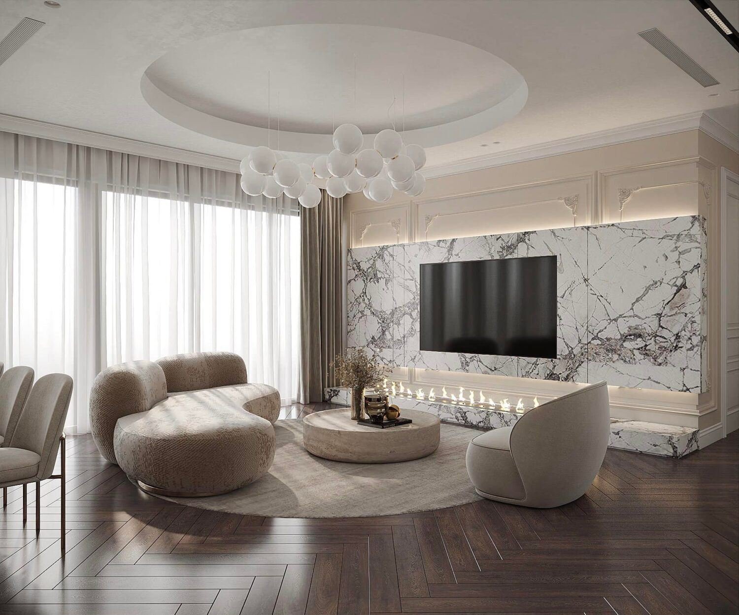 Sala de estar com parede em mármore, lareira e sofá curvo – projeto Marina, Dubai