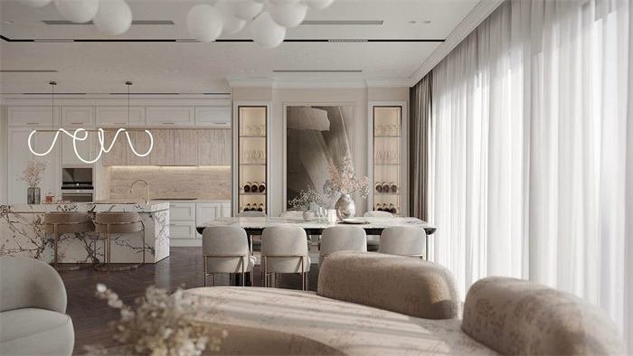 Sala de jantar e cozinha aberta com candeeiro luminoso – projeto Marina, Dubai