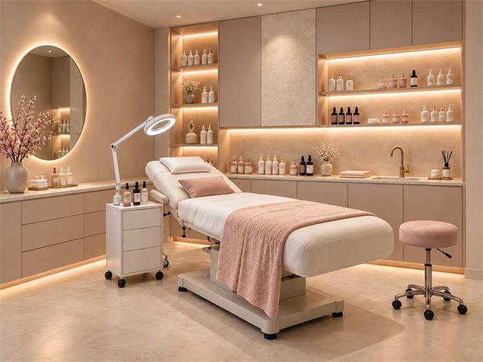 Cabine de soins avec rangements éclairés et miroir rond – projet Mimosa, Nice