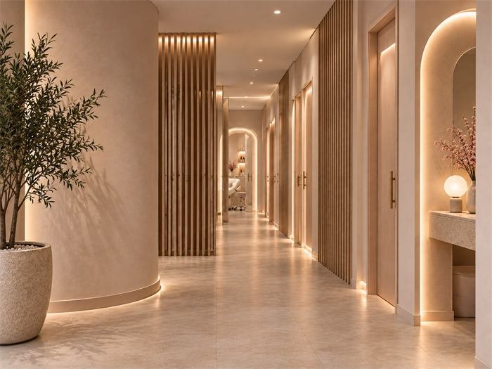 Couloir lumineux vers les cabines de soins – projet Mimosa, Nice