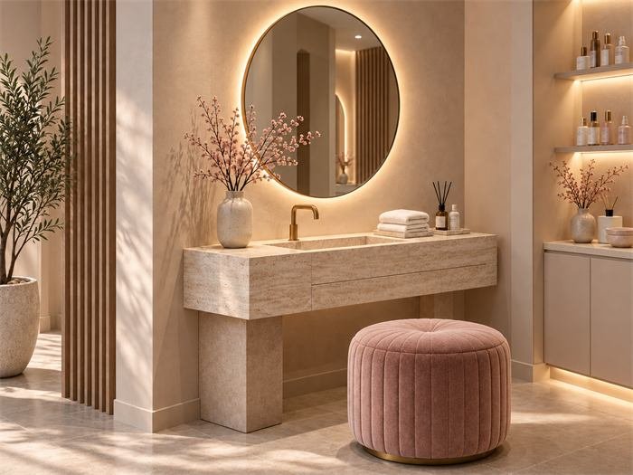 Espace beauté avec plan vasque et miroir lumineux – projet Mimosa, Nice