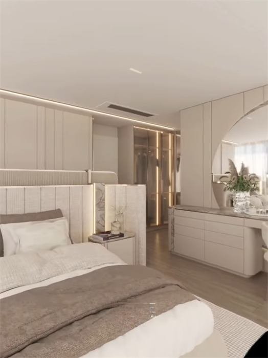 Coiffeuse avec miroir rond face au lit – projet Mistral, Sanary-sur-Mer