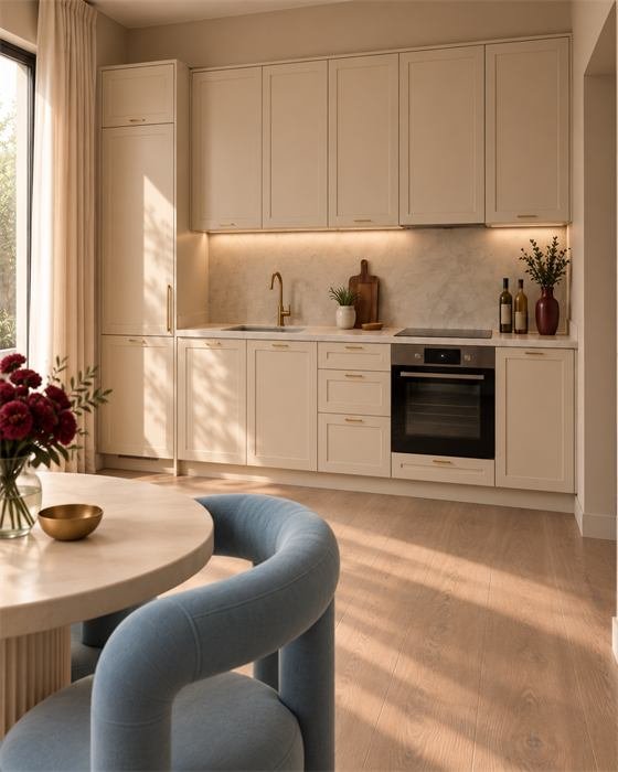 Cuisine et chaise bleue après le home staging – projet Olivette, Toulon