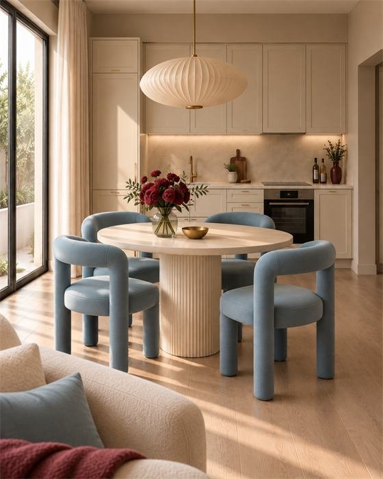 Salle à manger avec chaises bleues et suspension – projet Olivette, Toulon