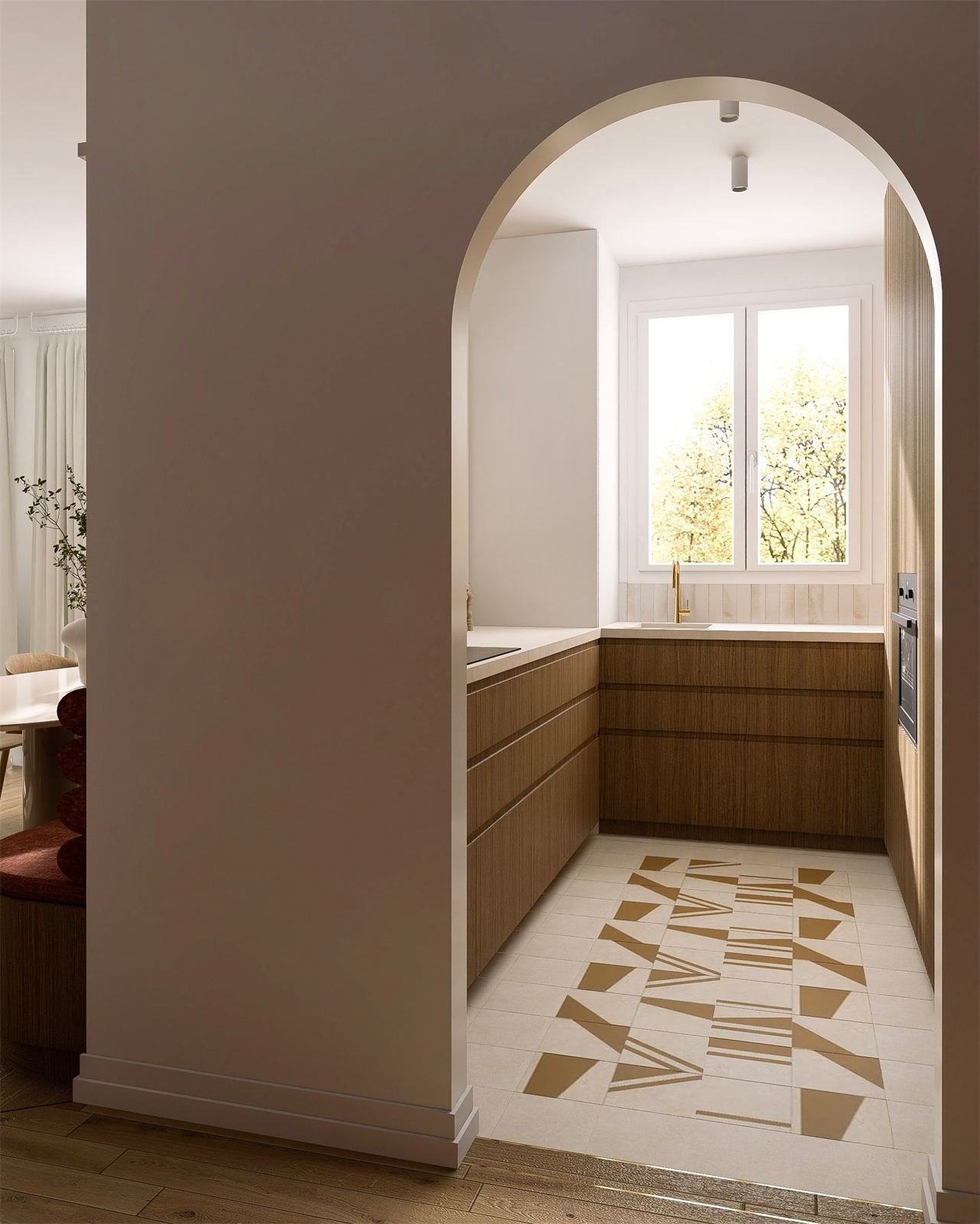 Cozinha comprida sob um arco com chão em terrazzo – projeto L'Orangerie, Toulon