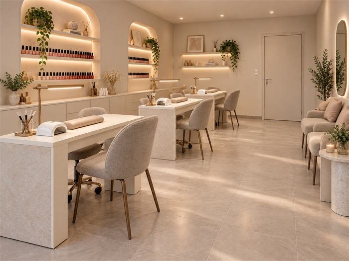 Sala de manicure com plantas e cadeiras envolventes – projeto Les Oursinières, Hyères