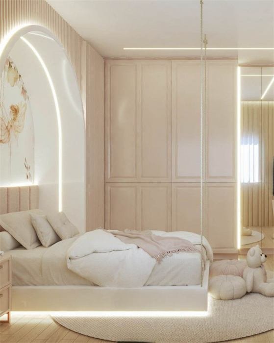 Cama e roupeiro embutido no quarto cor-de-rosa – projeto Pétale, Hyères
