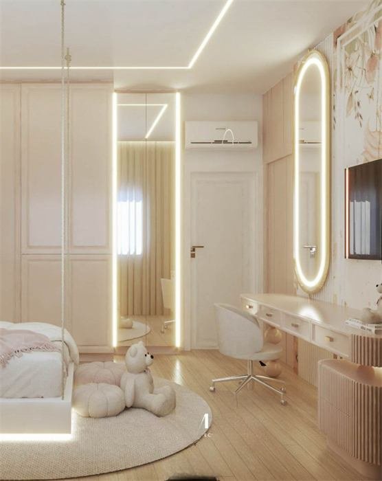Secretária-toucador com espelho oval luminoso – projeto Pétale, Hyères