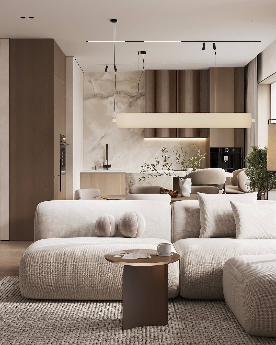 Sala de estar em tons taupe com sofá modular – projeto Le Phare, Toulon