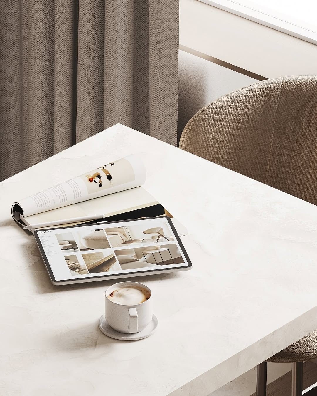 Mesa com revista de decoração e café – projeto Le Phare, Toulon