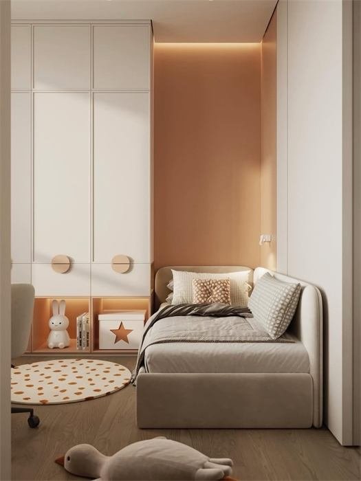 Quarto de criança com cama-sofá e arrumação terracota – projeto Ponant, Toulon