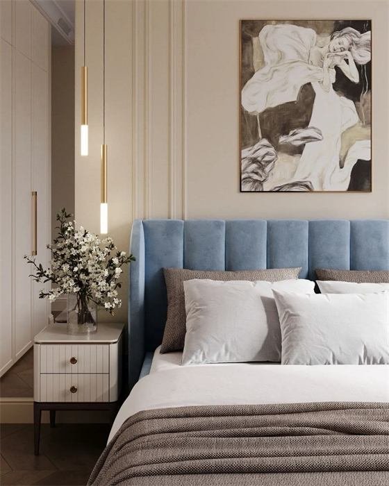 Détail de la tête de lit bleue et table de chevet – projet Roches, Sanary-sur-Mer